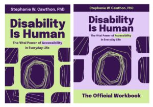 Two book covers side by side - Disability Is Human book on left, and The Official Workbook on right.